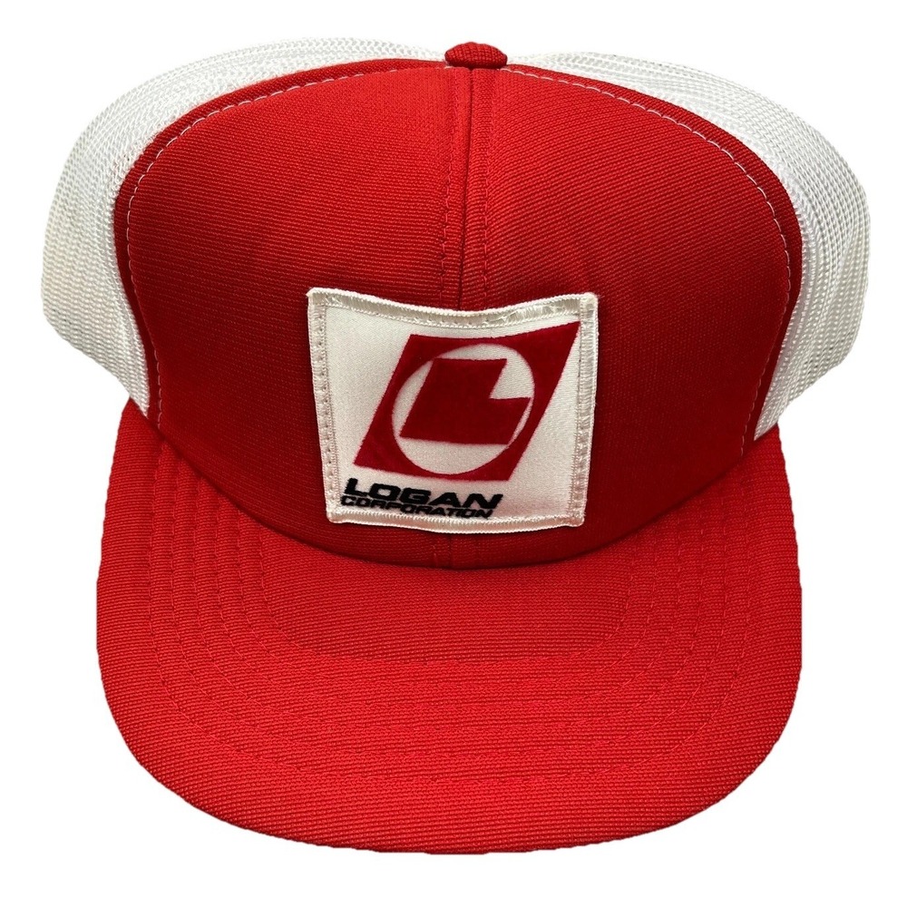 Vintage Trucker Hat Cap Snap Back Red White Patch 80s 90s Old Logo Logan Corp